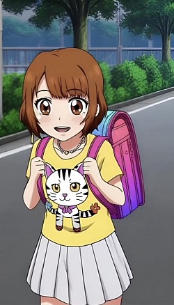 カラフルなランドセルを背負ったパクチーちゃんの写真
